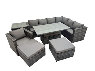 Fimous 9 Seater Rattan Corner Sofa Sets with Chair 2 Big Stools Side Table in Dark Grey
