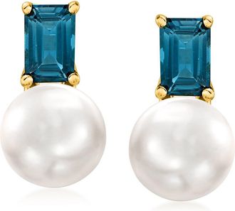 Ross-Simons 8-8.5mm Cultured Pearl and London Blue Topaz Earrings in 18kt Gold Over Sterling