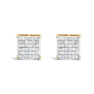 House of Brilliance 10K Yellow Gold 2.0 Cttw Invisible-Set Princess-Cut Diamond Stud Earrings