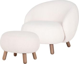 Moloo Sill&oacute;n y reposapi&eacute;s en tela boucl&eacute; color crudo y madera