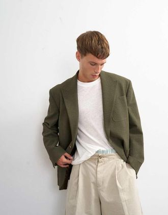 Topman Blazer oversize destrutturato in seersucker kaki-Verde