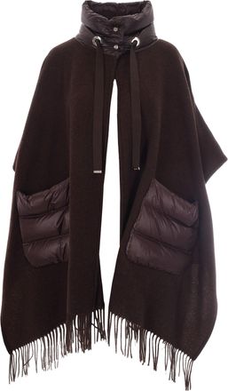 Herno Velvety Brown Cashmere And Wool Poncho With Quilted Detailing