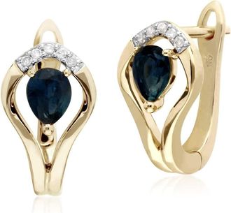 Gemondo Classic Sapphire & Diamond Leaf Halo Lever back Earrings in 9ct Yellow Gold