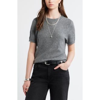 Treasure & Bond Floral Jacquard Short Sleeve Wool & Cashmere Sweater in Grey Dark Heather at Nordstrom, Size Xx-Large