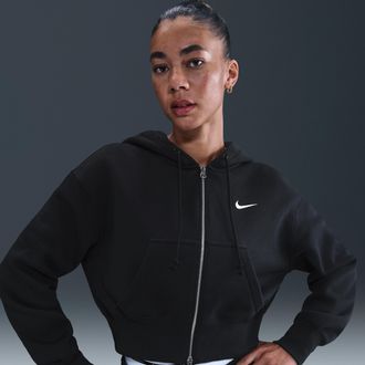 Nike Womens Nike Sportswear Phoenix Fleece Loose Full-Zip Cropped Hoodie in Black | HV2426-010