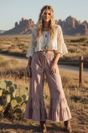 Mustard Seed Washed Woven Tiered Ruffle Wide Leg Pants In Dusty Mauve