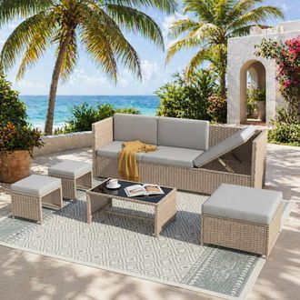 Merax 4-6 Seater Garden Lounge Set with Coffee Table & Stools in Khaki