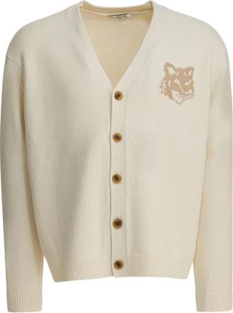 Maison Kitsun&eacute; Fox Head Intarsia Merino Cardigan - Heren - Vesten - Beige - L - Wol - Truien & Vesten