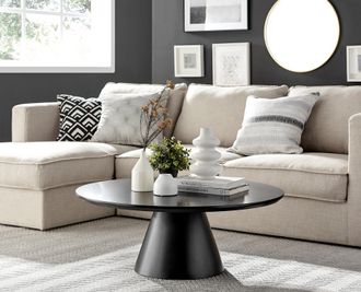 Furniturebox Palma Round Coffee Table with Pedestal Pillar Base & Semi-Matte or High Gloss Finish for Modern Minimalist Industrial Look in Black