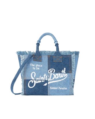 MC2 Saint Barth Patchwork Denim Tote Bag with Frayed Edges and Internal Zip Pocket