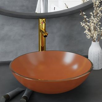 Berkfield Home Bathroom Sink with Tap & Push Drain Brown Tempered Glass