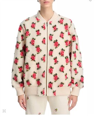 The Great. Zip Front Rose Bomber Jacket In Cream/red