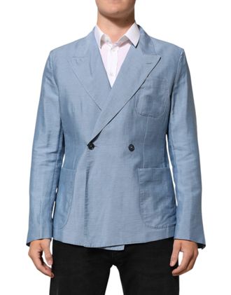 Dolce & Gabbana Light Blue Linen Double Breasted Men Jacket Blazer Nylon Clothing