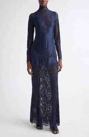 Paco Rabanne Long Sleeve Lace & Jersey Turtleneck Dress in Deep Navy at Nordstrom, Size 44