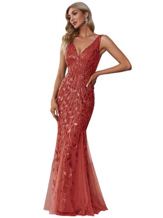 Ever-pretty Womens Sexy V Neck Sleeveless Elegant Floor Length Long Mermaid Prom Evening Dresses Burnt Orange 18UK