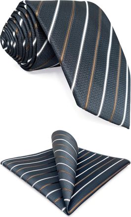 Shlax & Wing Mens Tie and Pocket Square Set Stripes Grey Striped Necktie Hanky Combo 63