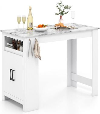 Costway Bar Table Faux Marble Pub Table with 7 Hanging Hooks-White