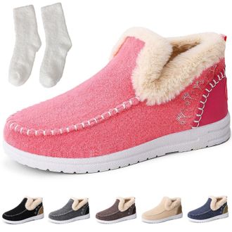 Generic Cozy Orthopedic Fleece Slip-on Boots, Winter Plush Faux Fur Lined Flat Shoes for Men Women, Warm Anti-Slip Casual Loafer (10.5,Pink)