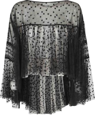 Alberta Ferretti Black Sheer Embroidered Floral Volant Sleeves Polyester Blouse