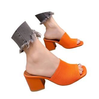 Generic 2026 Women Slippers Womens Knit Fashion Square Toe High Heel Slide Sandals Comfortable Casual Shoes for Ladies (Orange, 5.5)