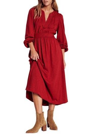 Boden Maddie Picot Trim Long Sleeve Cotton Blend Midi Dress in Carmine Red at Nordstrom Rack, Size 0