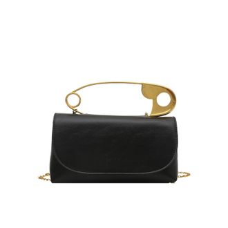 Generic Womens Evening Clutch Purse with Gold Safety Pin Handle, Crossbody Bag with Chain Strap, Black Leather Small Handbag