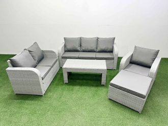 Fimous Patio PE Wicker 7 Seater Outdoor Rattan Furniture Sofa Sets w/ Oblong Coffee Table Reclining Chair Loveseat Sofa 3 Seater Sofa Big Footstool