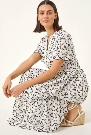 Roman Floral Embroidered Button Midi Dress