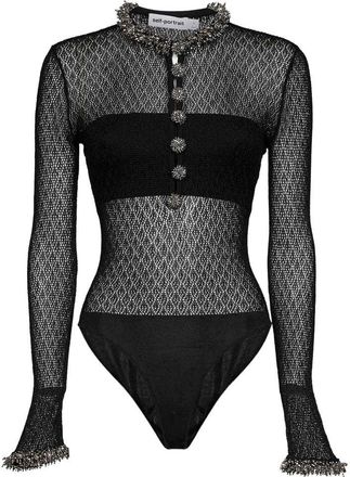 Self Portrait Black Pointelle Knit Embellished Bodysuit