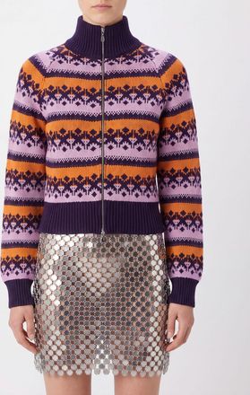 Paco Rabanne Geometric Pattern Slim Fit Wool-Blend Zip-Up Cardigan