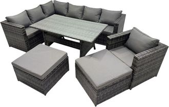 Fimous Fimous Outdoor PE Rattan Sofa Set with Dining Table Patio Garden Furniture Sets with Chair 2 Big Stools Dark Grey Mixed