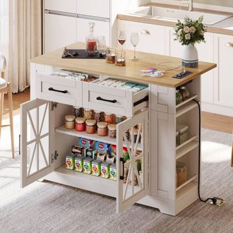Matteo Kitchen Island - Foldable Top, Power Outlets & Storage - White/Natural in White