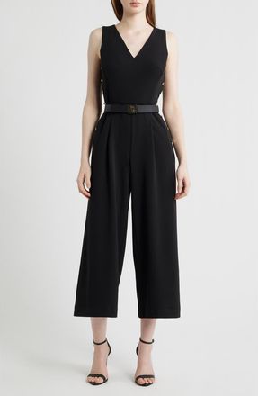 Anne Klein Side Button Cool Crepe Culotte Jumpsuit in Anne Black at Nordstrom, Size 10