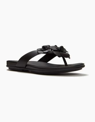 FitFlop Womens Fitflop Gracie Flower Leather Womens Black Flip Flops - Size: 7
