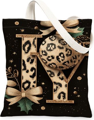 Generic Christmas Leopard Canvas Tote Bags, Stylish Animal Print Holiday Reusable Grocery Bags, Winter Chic Lightweight Washable Sh, Black, 13x15 Inch