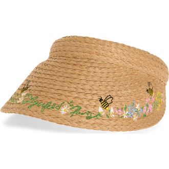 Karl Lagerfeld Floral Border Straw Visor in Natural at Nordstrom Rack