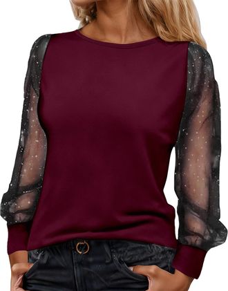Generic Sparkly Tops for Women UK Sequin Top Christmas Party Wear Lace Mesh Sheer Long Sleeve Top Crew Neck Sequin Tee Shirts Glitter Tops T Shirt Baggy Tunic