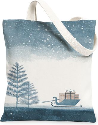 Generic Winter Sleigh Canvas Tote Bags, Rustic Tree Gift Pattern Reusable Grocery Bags, Vintage Lightweight Washable Canvas for Travel 13x15 Inch