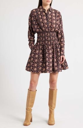 Madewell Shirred Floral Mini Shirtdress in Dark Carob at Nordstrom, Size Xx-Small