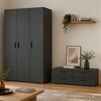 Dmora Armario 3 Puertas Randazzo, Ropero Dormitorio Perchero, 4 Cajones, 4 Estantes, 111x52 Cm Negro Antracita