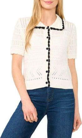 CeCe by Cynthia Steffe Pointelle Knit Cotton Button Front Sweater in Antique White at Nordstrom, Size Xx-Small