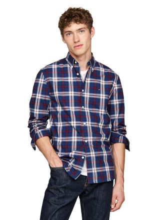 Tommy Hilfiger Long Sleeve Poplin Regular Fit, Mens Button Down Shirts, Also Available in Big and Tall, Deep Indigo/Rouge Check, S