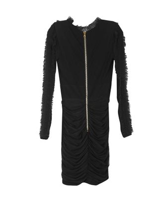 Balmain Balmain Zwarte Viscose Met Rimpelige Tule Accentuerende V-Hals Lange Mouwen Mini Jurk