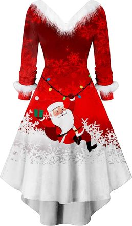 Generic Christmas Dresses for Women UK V Neck Winter Xmas Santa Reindeer Snowflake Christmas Tree Printed Causal Dress Christmas Bodycon Swing Dress (Red-A, X
