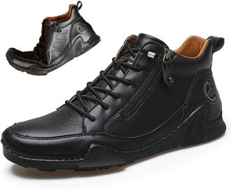 Generic Mens Handmade Premium Leather Slip-On Boots, Arch Support Non-Slip Sole Mid Top Loafers, Side Zipper Casual Shoes for Hiking Driving Walking (Black,10