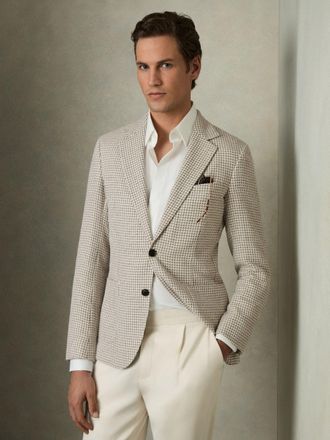 Reiss Grey & white Single-breasted Dogtooth-check Blazer Tailored-fit Cotton-linen, 38