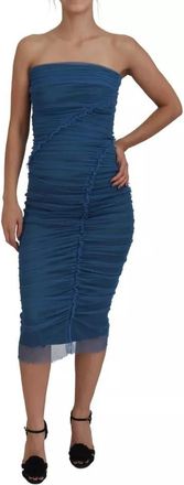 Dolce & Gabbana Blue Mesh Trim Ruched Tulle Sheath Womens Dress (Pre-Owned)