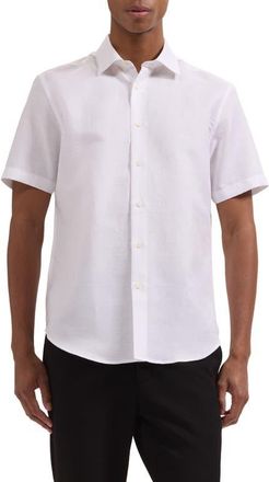 Bugatchi Orson Short Sleeve Cotton & Linen Button-Up Shirt in White at Nordstrom, Size Xxx-Large