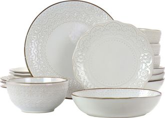 Elama Countess 16 Piece Embossed Double Bowl Stoneware Dinnerware Set in White at Nordstrom