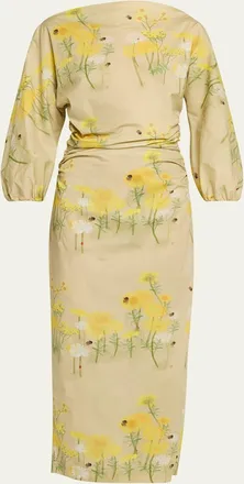 Bernadette Ezra Floral Ruched Cotton 3/4-Sleeve Midi Dress